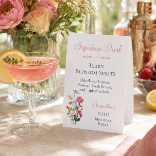 50th Birthday Party Signature Drink Wildflower Paper Table Tent