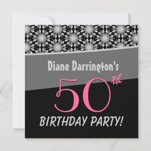 50th Birthday Party Silver and Black Floral W288 Personalized Invite