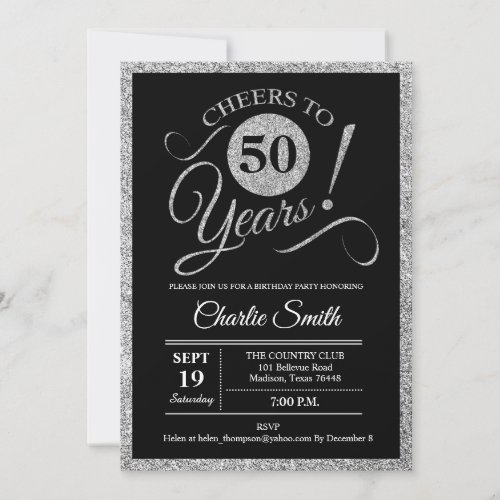 50th Birthday Party _ Silver Black ANY AGE Invitation