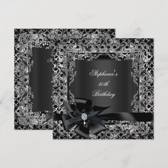 50th Birthday Party Silver Black Bow Lace Invitation (Front/Back)