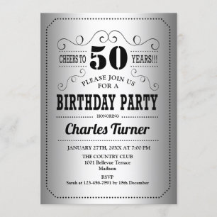 50th Birthday Party - Silver Black Invitation