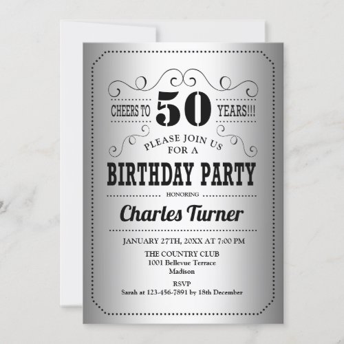 50th Birthday Party _ Silver Black Invitation