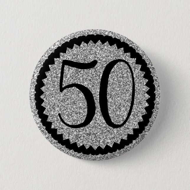 50th Birthday Party Silver Glitter Classic Button (Front)