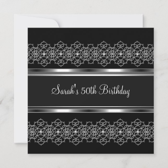 50th Birthday Party Silver on Silver Lace Black Invitation (Front)
