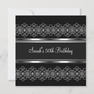 50th Birthday Party Silver on Silver Lace Black Invitation