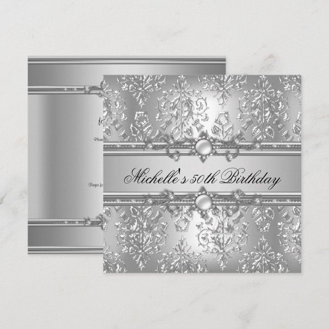 50th Birthday Party Silver Pearl Jewel Damask Invitation (Front/Back)