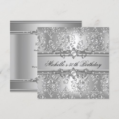 50th Birthday Party Silver Pearl Jewel Damask Custom Invitations
