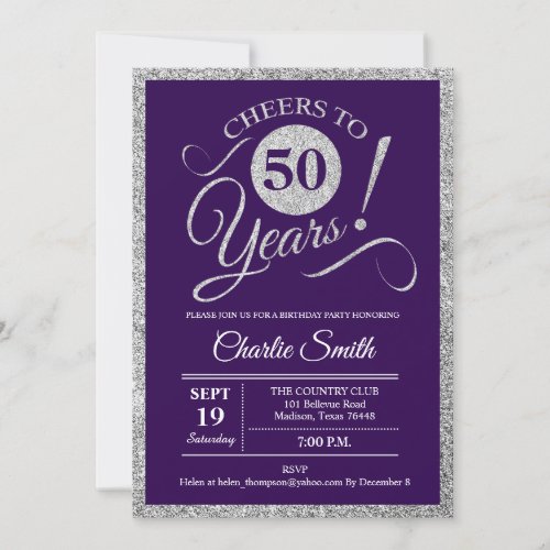 50th Birthday Party _ Silver Purple ANY YEAR Invitation