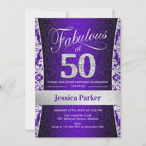 50th Birthday Party _ Silver Purple Invitation