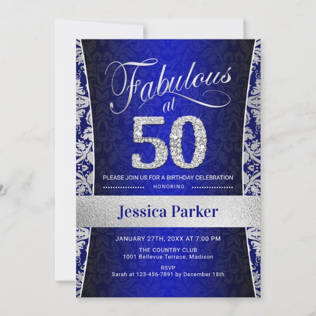 50th Birthday Party - Silver Royal Blue Invitation (Front)