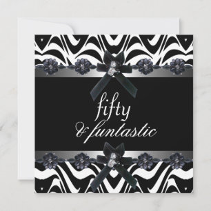 50th Birthday Party Silver Stripe Black White 3 Invitation