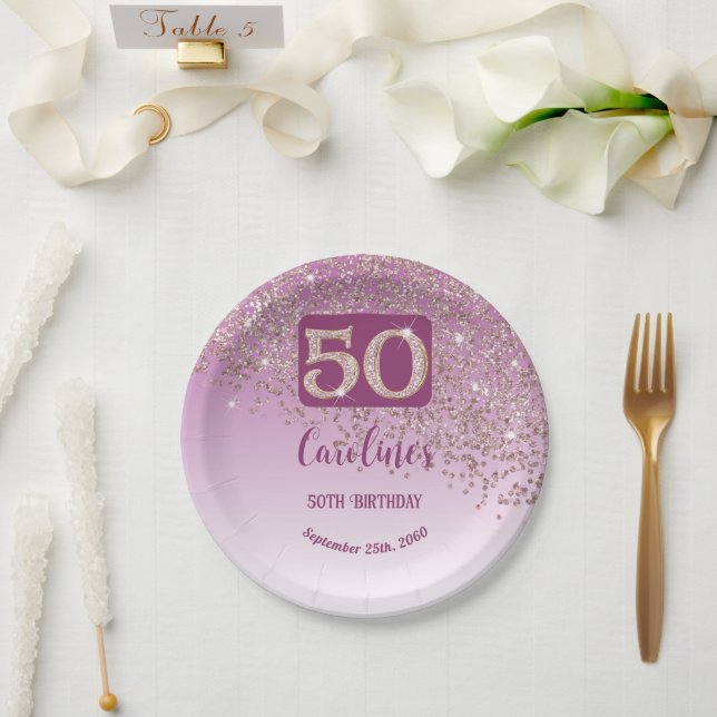 50th Birthday Party Sparkle Rose Gold Glitter Paper Plates (Wedding)