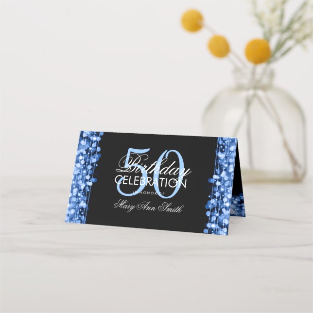 50th Birthday Party Sparkles Blue Place Card (Back)