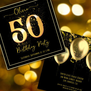 50th Birthday Party Sparkling Elegant Gold Black Invitation