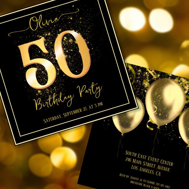 50th Birthday Party Sparkling Elegant Gold Black Invitation (Creator Uploaded)