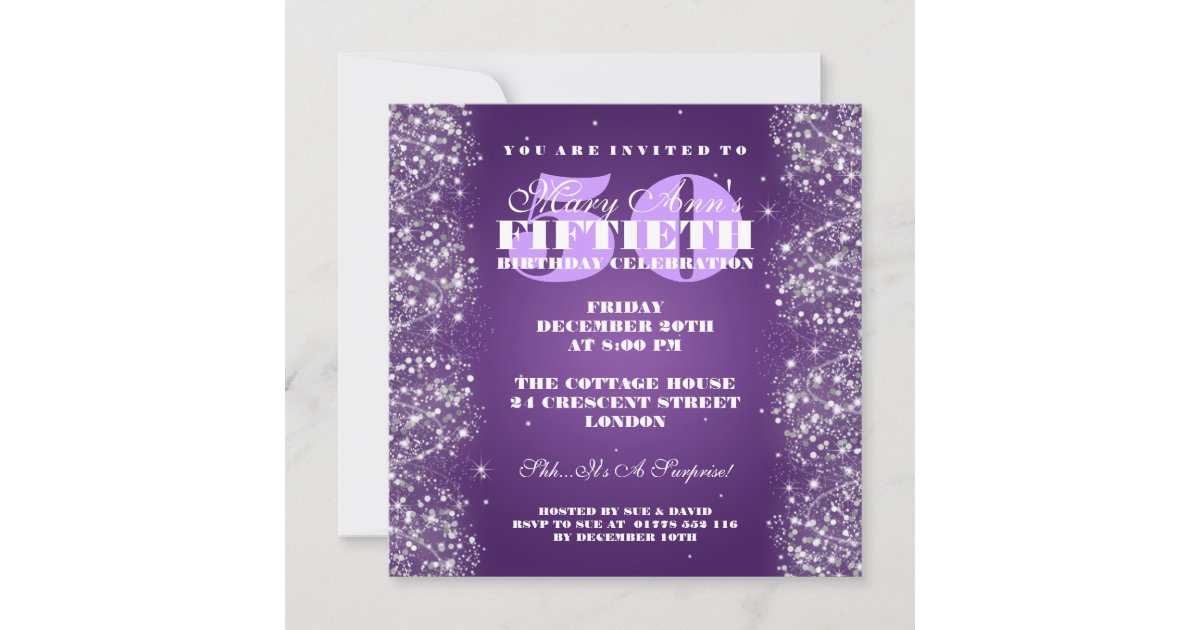 50TH Birthday Party Sparkling Glitter Purple Invitation | Zazzle