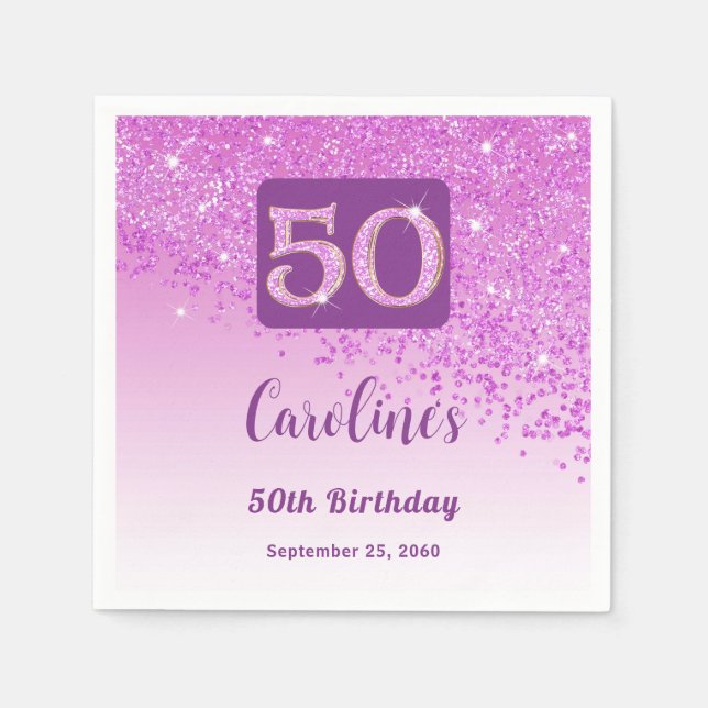 50th Birthday Party Sparkling Pink Glitter Napkins (Front)