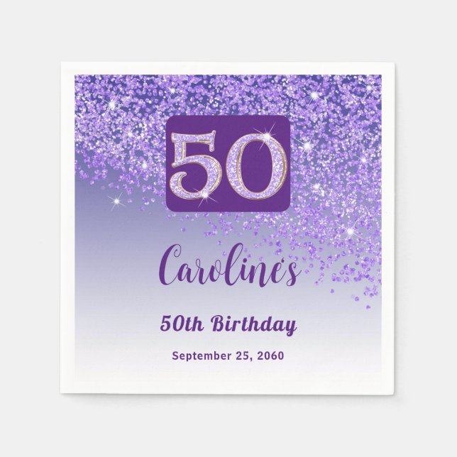 50th Birthday Party Sparkling Purple Glitter Napkins (Front)