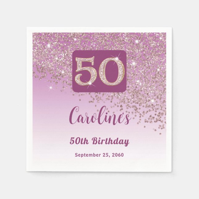 50th Birthday Party Sparkling Rose Gold Glitter Napkins (Front)