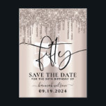 50th Birthday Party Sparkly Glitter Save The Date Postcard<br><div class="desc">Modern Sparkly Cream Glitter 50th Birthday Party Save The Date postcard,  design features cream sparkly glitter drips,  on a faux foil background,  typography script fifty and details in trendy capital lettering.</div>