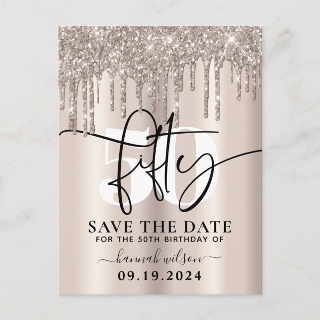 50th Birthday Party Sparkly Glitter Save The Date Postcard (Front)
