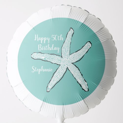 50th Birthday Party Starfish Teal Blue White Balloon