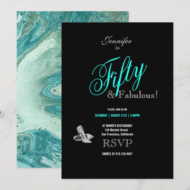 50th Birthday Party Stilettos Turquoise Font Invitation (Front/Back)