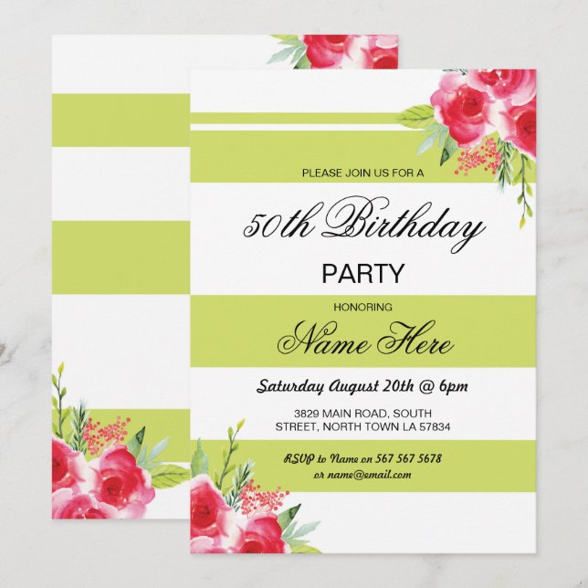 50th Birthday Party Stripe Lime Green Roses Invite (Front/Back)