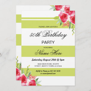 50th Birthday Party Stripe Lime Green Roses Invite