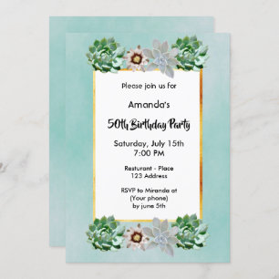 50th birthday party succulents green invitation
