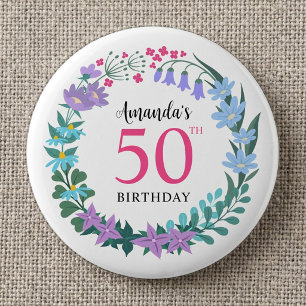 50th Birthday Party Summer Floral Bluebells Wreath Button