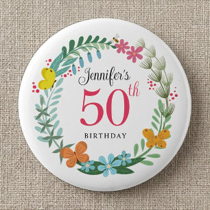 50th Birthday Party Summer Floral Butterfly Wreath Button