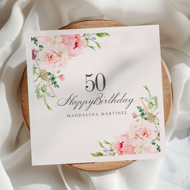 50th Birthday Party Supplies Pink Floral Custom Napkins (Creator Uploaded)