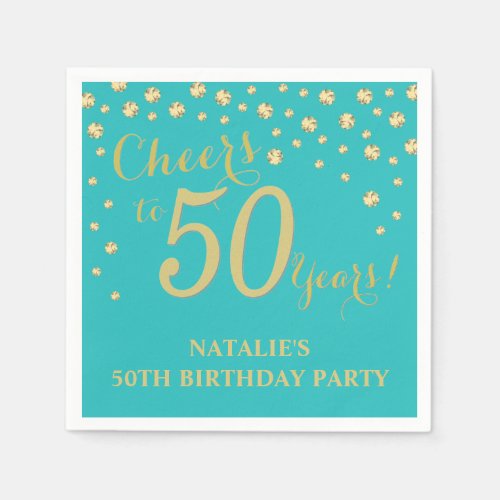 50th Birthday Party Teal and Gold Diamond Napkins