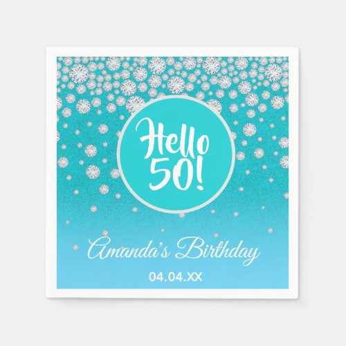 50th birthday party teal blue glitter diamonds napkins