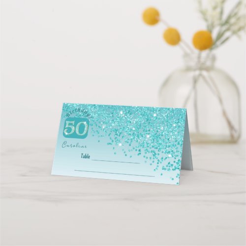 50th Birthday Party Teal Blue Glitter Place Card