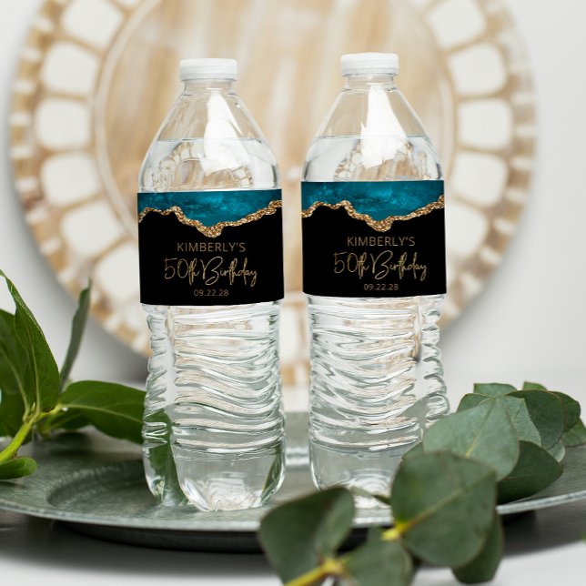 50th Birthday Party Teal Blue Gold Agate Water Bottle Label (Creator Uploaded)