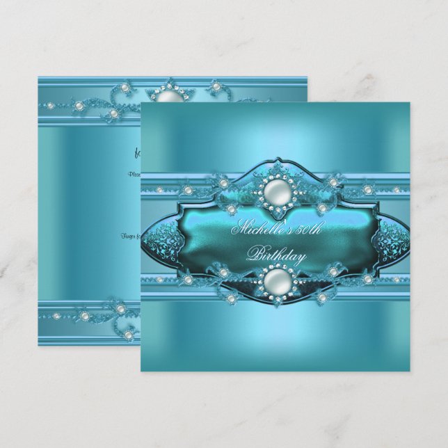 50th Birthday Party Teal Blue Pearl Jewel Invitation (Front/Back)