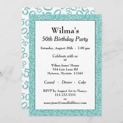 50th Birthday Party TealWhite Number Pattern Invitation