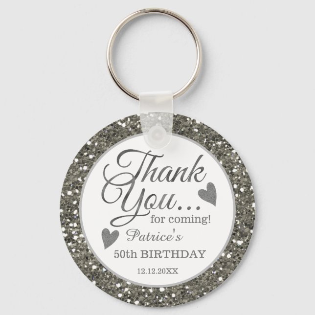 50th Birthday Party Thank You Silver Glitter  Keychain (Front)