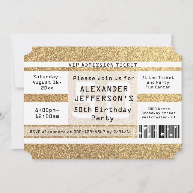 50th Birthday Party Ticket Shaped Gold Sparkle Invitation (Front)