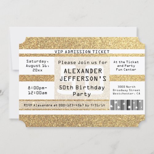 50th Birthday Party Ticket Shaped Gold Sparkle Invitation