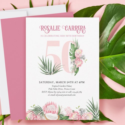 50th Birthday Party Tropical Pink Protea Number 50 Invitation