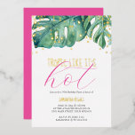 50th Birthday Party Tropical Theme Foil Invitation<br><div class="desc">Tropical yet elegant personalized calligraphy invitations frames your birthday party details with a border of simple gold confetti and tropical monstera palm leaves over a crisp white background. Your event details are set in an simple sans serif and hand lettered script type in real gold foil. Perfect for a 50...</div>