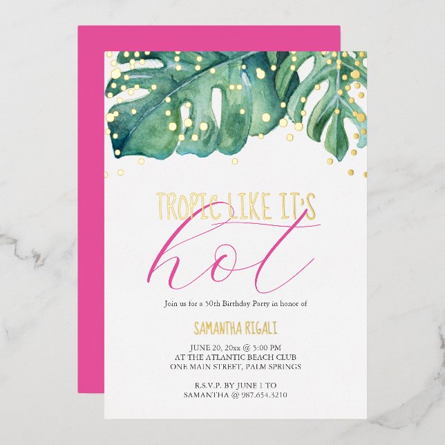 50th Birthday Party Tropical Theme Foil Invitation (Front/Back)