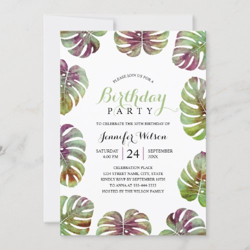 50th Birthday Party Tropical Watercolor Leaves Invitation