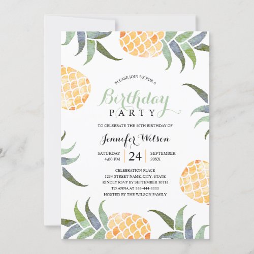 50th Birthday Party Tropical Watercolor Pineapple Invitation