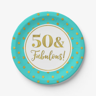 50th Birthday Party Turquoise White Gold Dots Paper Plates