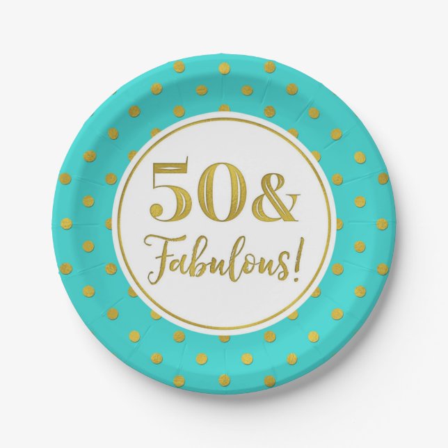 50th Birthday Party Turquoise White Gold Dots  Paper Plates (Front)
