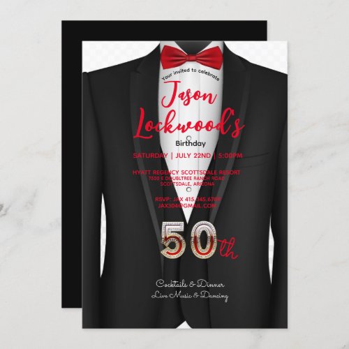 50th Birthday Party Tuxedo Suit Black  Red Tie Invitation